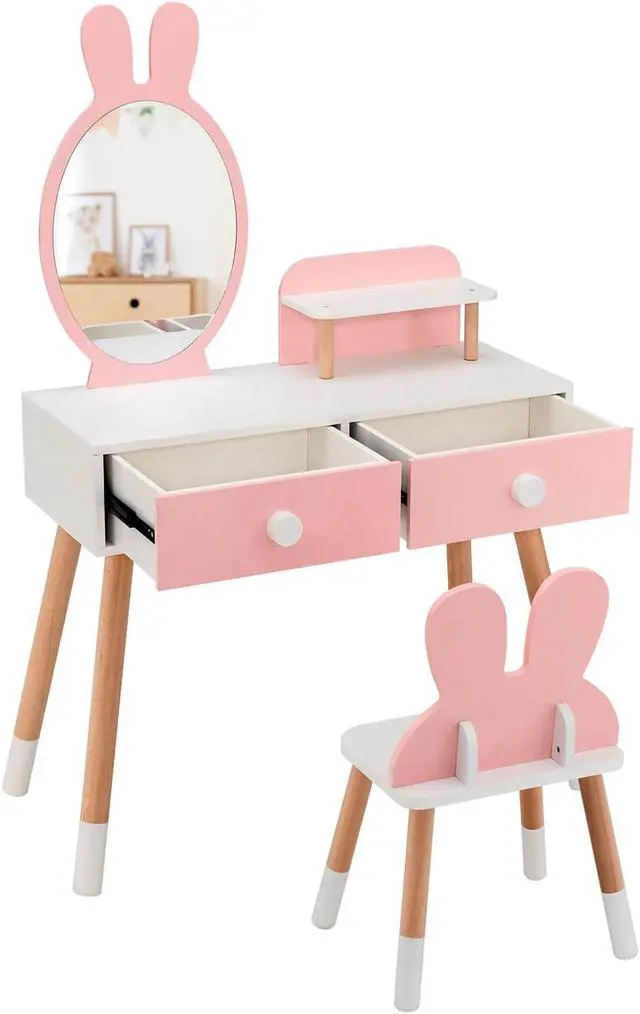 Alt view image 2 of 7 - SlickBlue Kids Vanity Table and Chair Set with Drawer Shelf and Rabbit Mirror-Pink