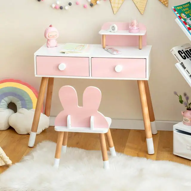 Alt view image 3 of 7 - SlickBlue Kids Vanity Table and Chair Set with Drawer Shelf and Rabbit Mirror-Pink