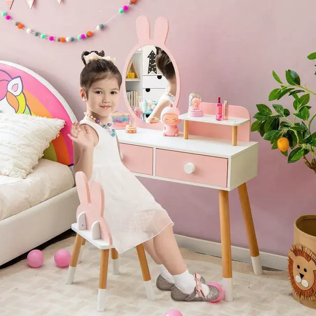 Alt view image 4 of 7 - SlickBlue Kids Vanity Table and Chair Set with Drawer Shelf and Rabbit Mirror-Pink