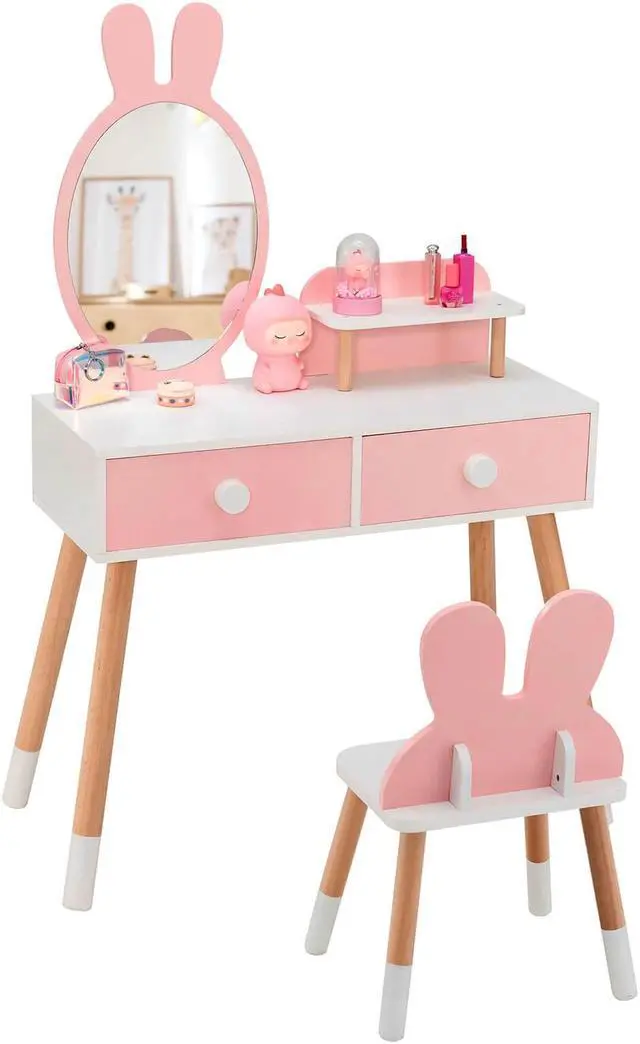 Alt view image 5 of 7 - SlickBlue Kids Vanity Table and Chair Set with Drawer Shelf and Rabbit Mirror-Pink
