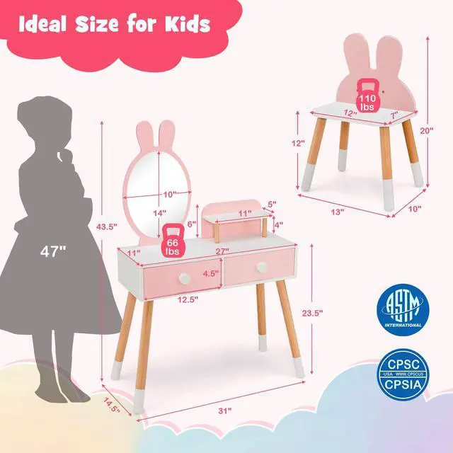 Alt view image 6 of 7 - SlickBlue Kids Vanity Table and Chair Set with Drawer Shelf and Rabbit Mirror-Pink