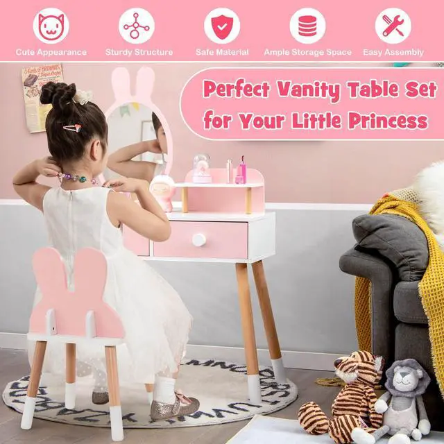 Alt view image 7 of 7 - SlickBlue Kids Vanity Table and Chair Set with Drawer Shelf and Rabbit Mirror-Pink