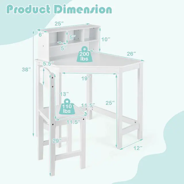 Alt view image 5 of 7 - SlickBlue Kids Wooden Corner Desk and Chair Set with Hutch and Storage-White