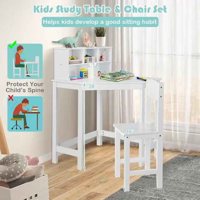 Alt view image 6 of 7 - SlickBlue Kids Wooden Corner Desk and Chair Set with Hutch and Storage-White