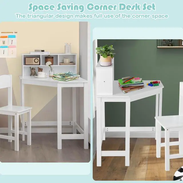 Alt view image 7 of 7 - SlickBlue Kids Wooden Corner Desk and Chair Set with Hutch and Storage-White