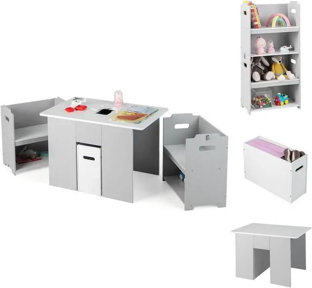 Alt view image 2 of 7 - SlickBlue 4-in-1 Kids Table and Chairs with Multiple Storage for Learning-Gray