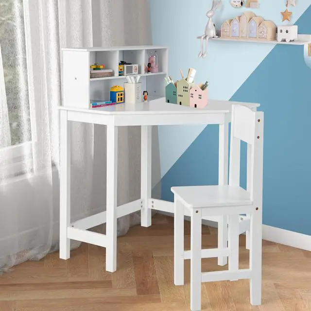 Alt view image 4 of 7 - SlickBlue Kids Wooden Corner Desk and Chair Set with Hutch and Storage-White