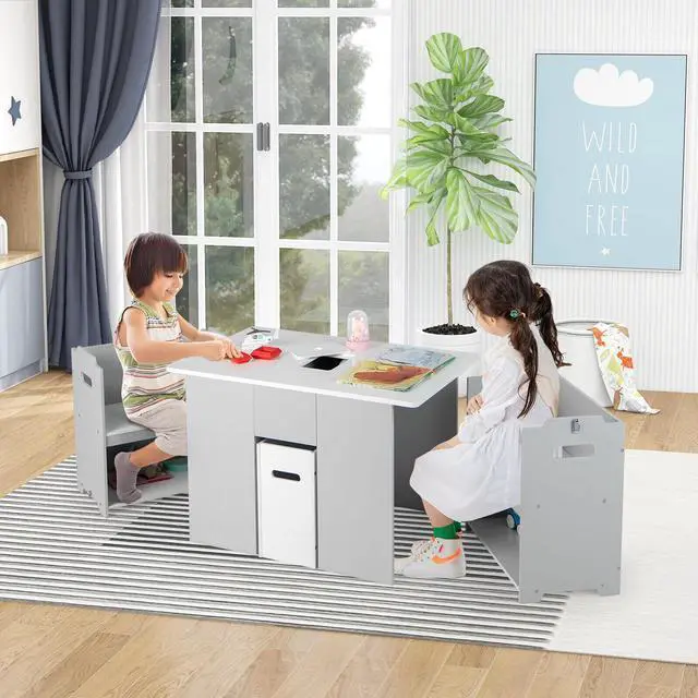 Alt view image 4 of 7 - SlickBlue 4-in-1 Kids Table and Chairs with Multiple Storage for Learning-Gray