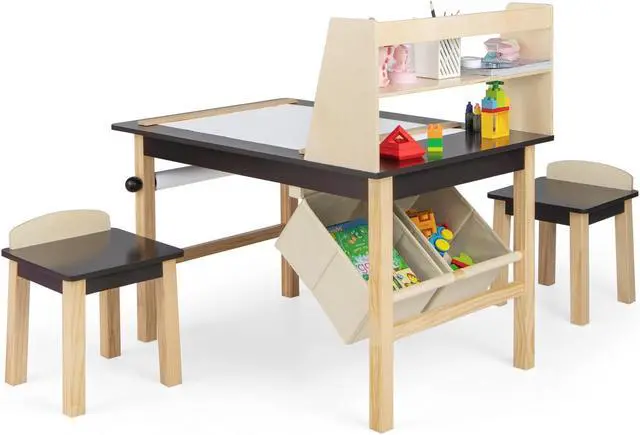 Alt view image 2 of 7 - SlickBlue Kids Art Table and Chairs Set with Paper Roll and Storage Bins-Coffee