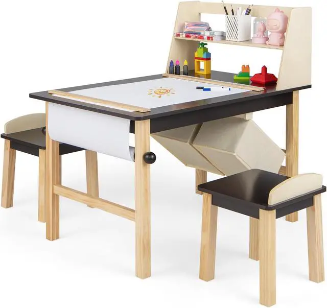 Main image of SlickBlue Kids Art Table and Chairs Set with Paper Roll and Storage Bins-Coffee