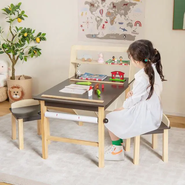 Alt view image 3 of 7 - SlickBlue Kids Art Table and Chairs Set with Paper Roll and Storage Bins-Coffee