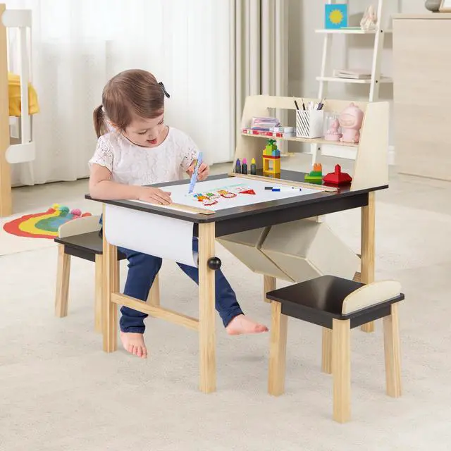 Alt view image 4 of 7 - SlickBlue Kids Art Table and Chairs Set with Paper Roll and Storage Bins-Coffee