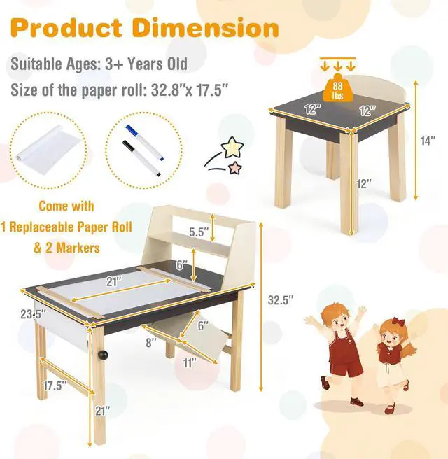 Alt view image 5 of 7 - SlickBlue Kids Art Table and Chairs Set with Paper Roll and Storage Bins-Coffee