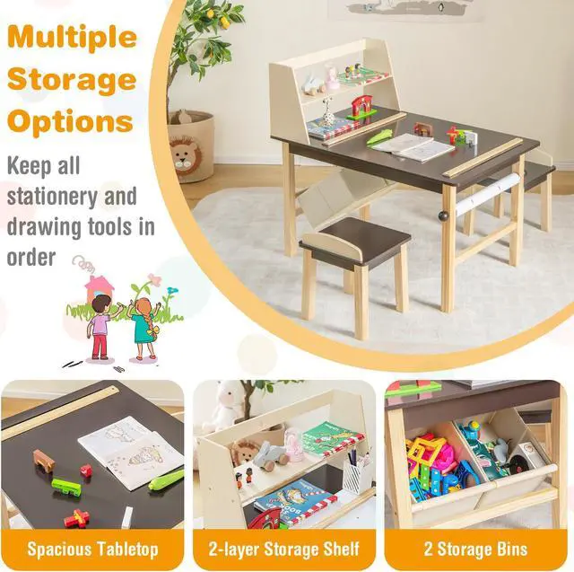 Alt view image 7 of 7 - SlickBlue Kids Art Table and Chairs Set with Paper Roll and Storage Bins-Coffee