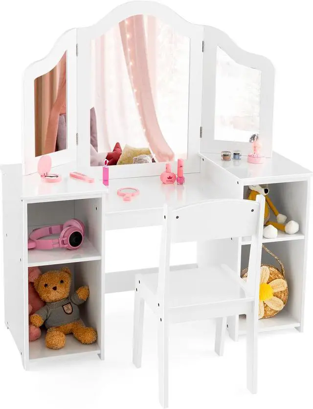 Alt view image 2 of 7 - SlickBlue Kids Vanity Table and Chair Set with Removable Tri-Folding Mirror-White