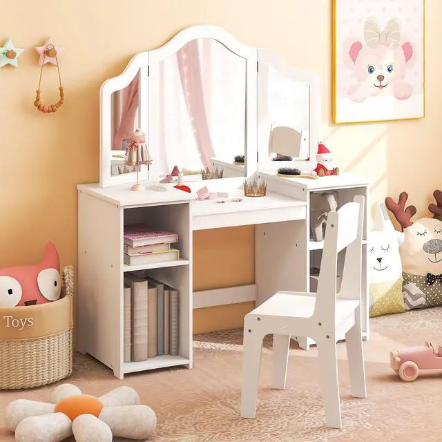 Alt view image 6 of 7 - SlickBlue Kids Vanity Table and Chair Set with Removable Tri-Folding Mirror-White
