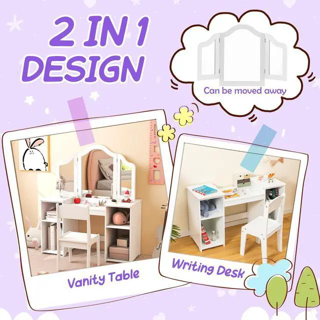 Alt view image 7 of 7 - SlickBlue Kids Vanity Table and Chair Set with Removable Tri-Folding Mirror-White