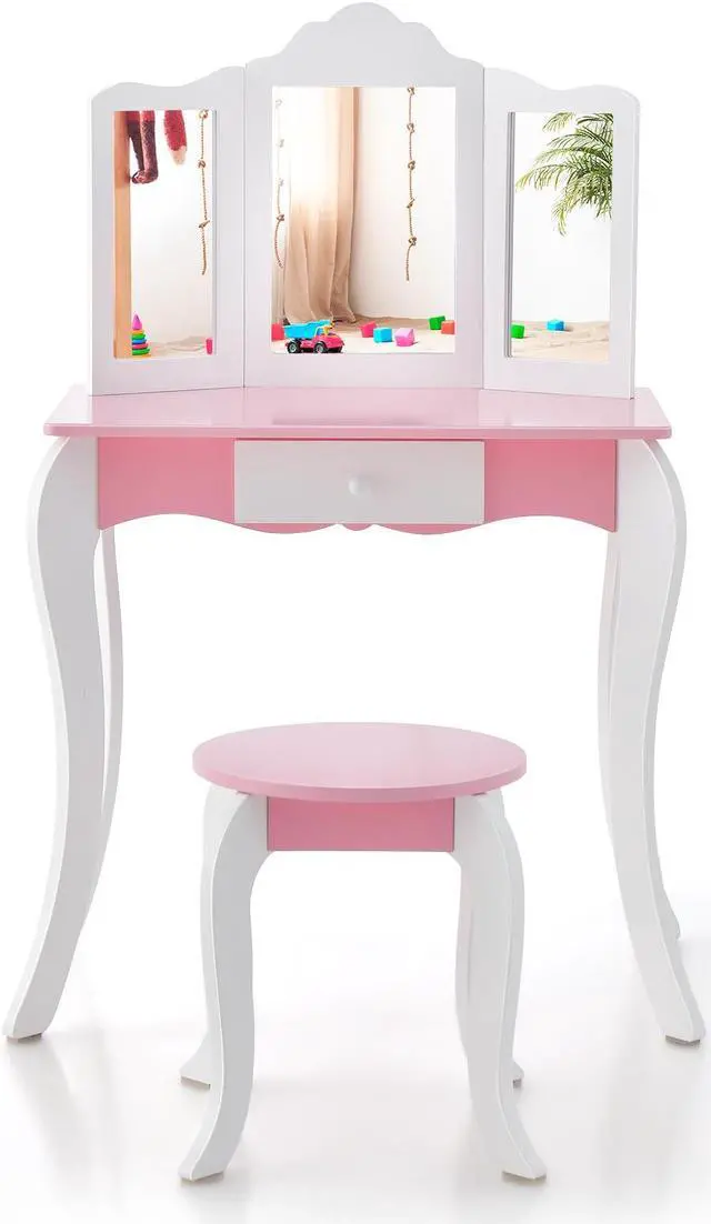 Alt view image 2 of 7 - SlickBlue Kid's Wooden Vanity Table and Stool Set  with 3-Panel Acrylic Mirror-White