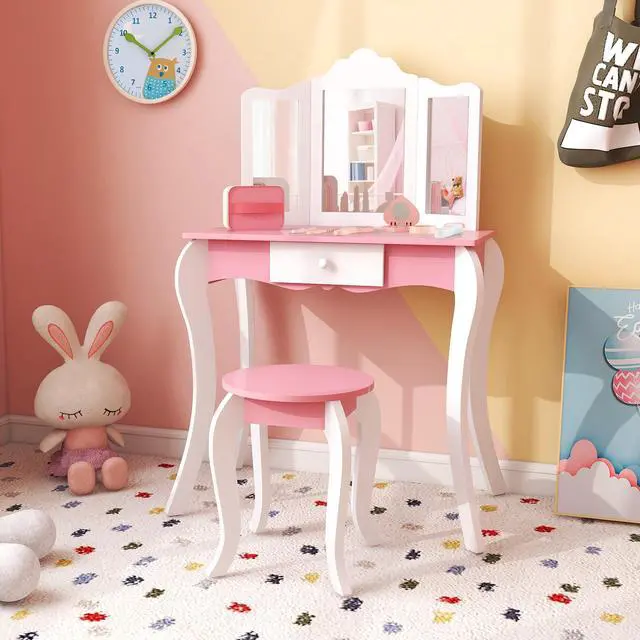 Alt view image 3 of 7 - SlickBlue Kid's Wooden Vanity Table and Stool Set  with 3-Panel Acrylic Mirror-White