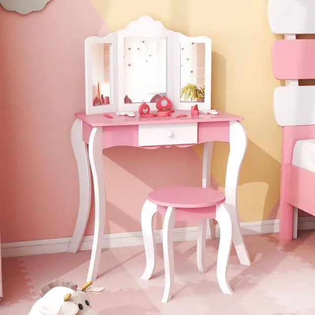 Alt view image 4 of 7 - SlickBlue Kid's Wooden Vanity Table and Stool Set  with 3-Panel Acrylic Mirror-White