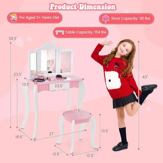 Alt view image 5 of 7 - SlickBlue Kid's Wooden Vanity Table and Stool Set  with 3-Panel Acrylic Mirror-White