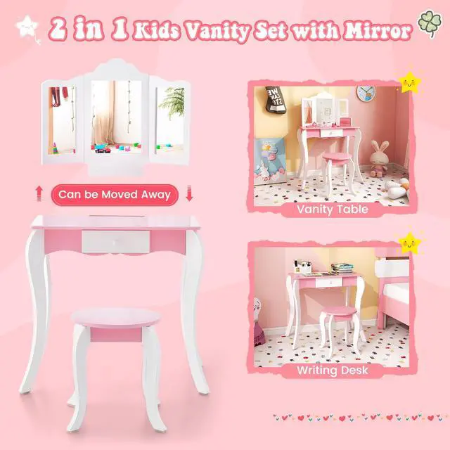 Alt view image 6 of 7 - SlickBlue Kid's Wooden Vanity Table and Stool Set  with 3-Panel Acrylic Mirror-White