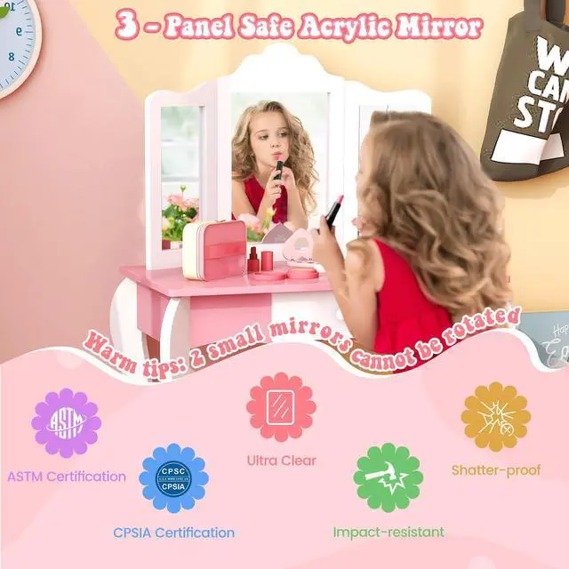 Alt view image 7 of 7 - SlickBlue Kid's Wooden Vanity Table and Stool Set  with 3-Panel Acrylic Mirror-White