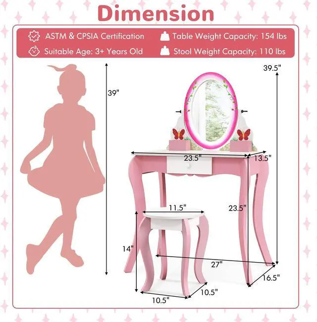 Alt view image 2 of 7 - SlickBlue Kids Vanity Table and Stool Set with 360Â° Rotating Mirror and Whiteboard-Pink