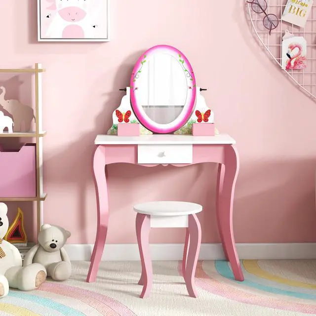 Alt view image 6 of 7 - SlickBlue Kids Vanity Table and Stool Set with 360Â° Rotating Mirror and Whiteboard-Pink