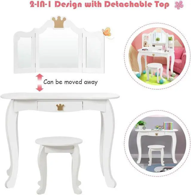 Alt view image 2 of 7 - SlickBlue Kids Makeup Dressing Table with Tri-folding Mirror and Stool
