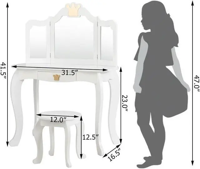 Alt view image 3 of 7 - SlickBlue Kids Makeup Dressing Table with Tri-folding Mirror and Stool