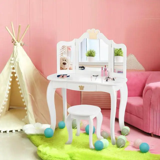 Alt view image 4 of 7 - SlickBlue Kids Makeup Dressing Table with Tri-folding Mirror and Stool