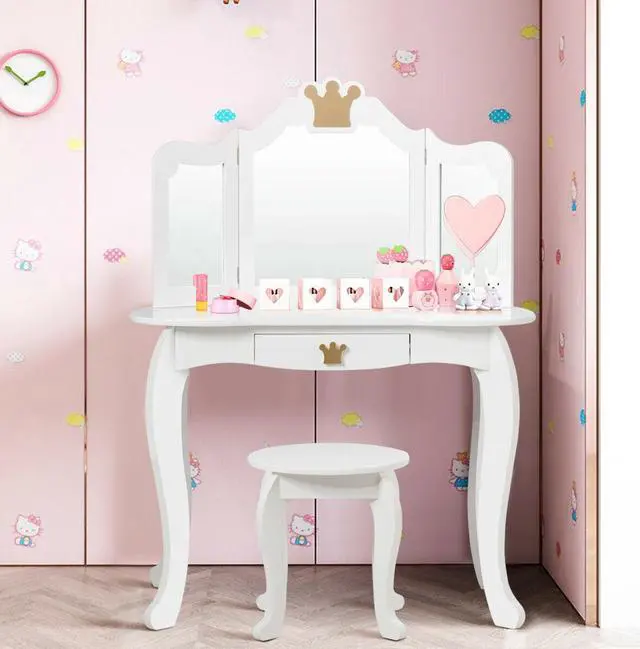 Alt view image 7 of 7 - SlickBlue Kids Makeup Dressing Table with Tri-folding Mirror and Stool