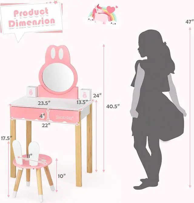 Alt view image 3 of 7 - SlickBlue Kids Vanity Set Rabbit Makeup Dressing Table Chair Set with Mirror and Drawer