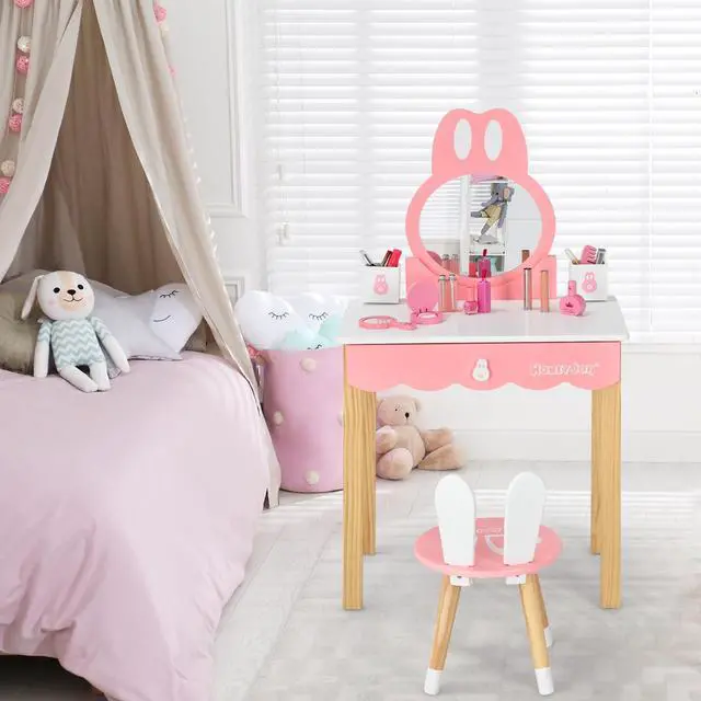 Alt view image 4 of 7 - SlickBlue Kids Vanity Set Rabbit Makeup Dressing Table Chair Set with Mirror and Drawer