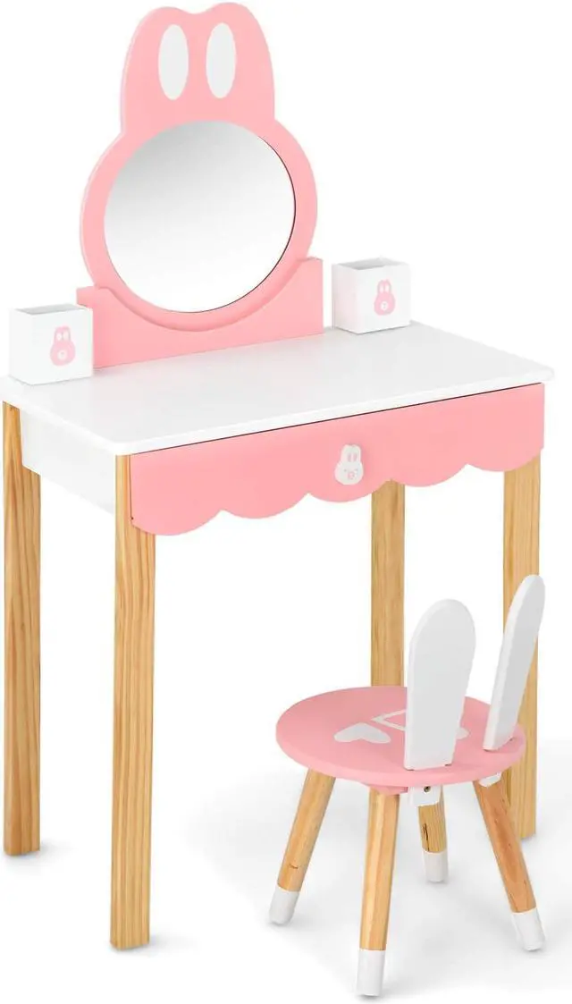 Main image of SlickBlue Kids Vanity Set Rabbit Makeup Dressing Table Chair Set with Mirror and Drawer