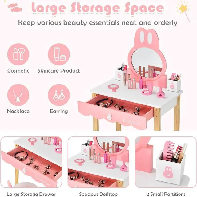 Alt view image 5 of 7 - SlickBlue Kids Vanity Set Rabbit Makeup Dressing Table Chair Set with Mirror and Drawer