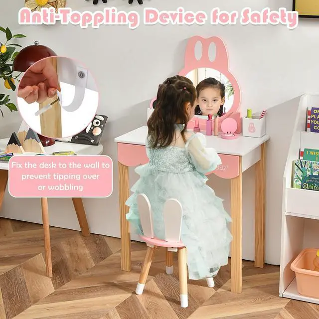 Alt view image 2 of 7 - SlickBlue Kids Vanity Set Rabbit Makeup Dressing Table Chair Set with Mirror and Drawer