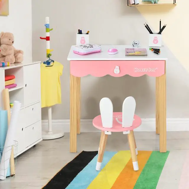 Alt view image 7 of 7 - SlickBlue Kids Vanity Set Rabbit Makeup Dressing Table Chair Set with Mirror and Drawer