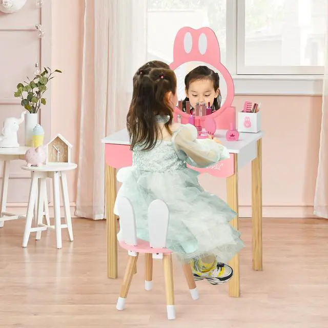 Alt view image 6 of 7 - SlickBlue Kids Vanity Set Rabbit Makeup Dressing Table Chair Set with Mirror and Drawer