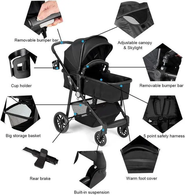 Alt view image 4 of 6 - SlickBlue 2-in-1 Foldable Pushchair Newborn Infant Baby Stroller-Black