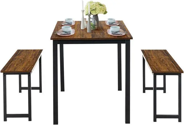Alt view image 2 of 7 - SlickBlue 3 Pieces Dining Table Set with 2 Benches for Dining Room Kitchen Bar