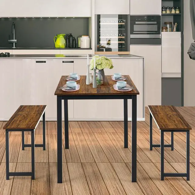 Alt view image 3 of 7 - SlickBlue 3 Pieces Dining Table Set with 2 Benches for Dining Room Kitchen Bar