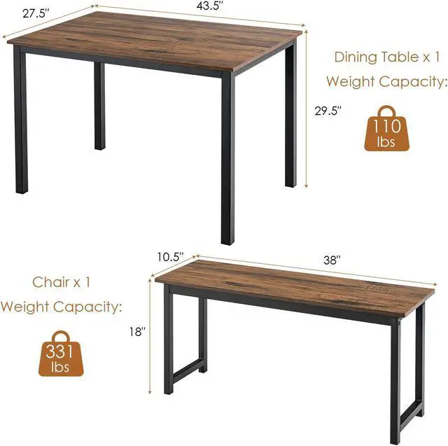 Alt view image 5 of 7 - SlickBlue 3 Pieces Dining Table Set with 2 Benches for Dining Room Kitchen Bar
