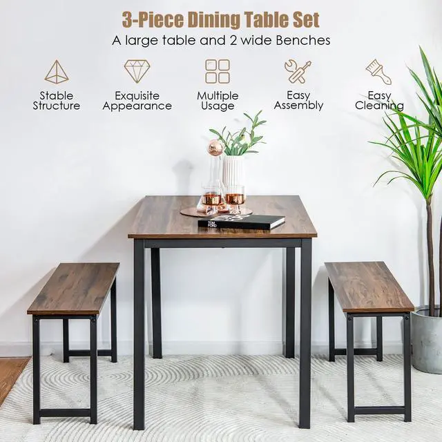Alt view image 7 of 7 - SlickBlue 3 Pieces Dining Table Set with 2 Benches for Dining Room Kitchen Bar
