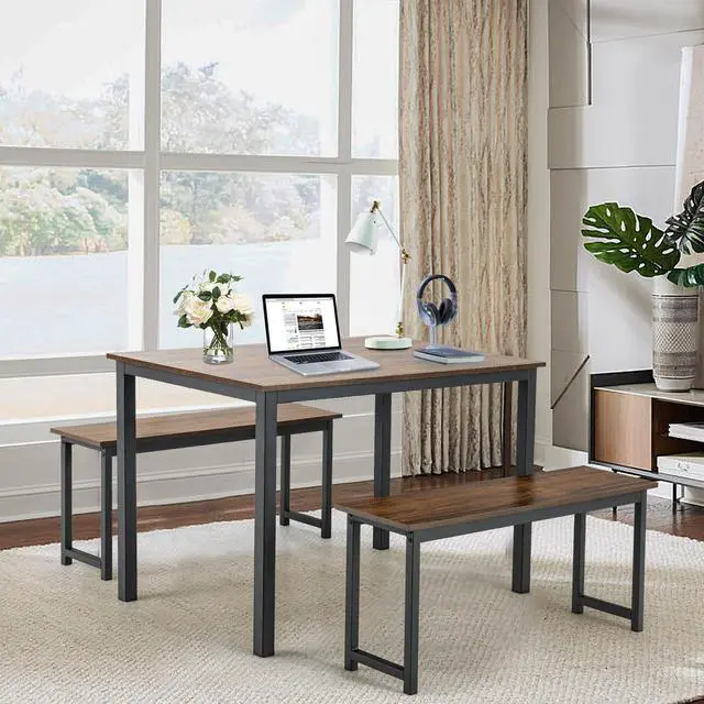 Alt view image 4 of 7 - SlickBlue 3 Pieces Dining Table Set with 2 Benches for Dining Room Kitchen Bar