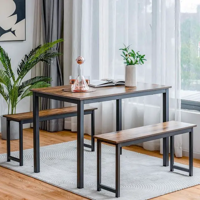 Alt view image 6 of 7 - SlickBlue 3 Pieces Dining Table Set with 2 Benches for Dining Room Kitchen Bar