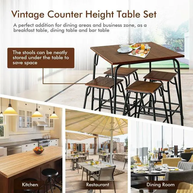 Alt view image 2 of 7 - SlickBlue 5 Pieces Bar Table Set with 4 Counter Height Backless Stools-Rustic Brown