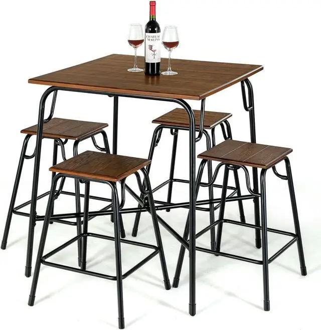 Alt view image 3 of 7 - SlickBlue 5 Pieces Bar Table Set with 4 Counter Height Backless Stools-Rustic Brown