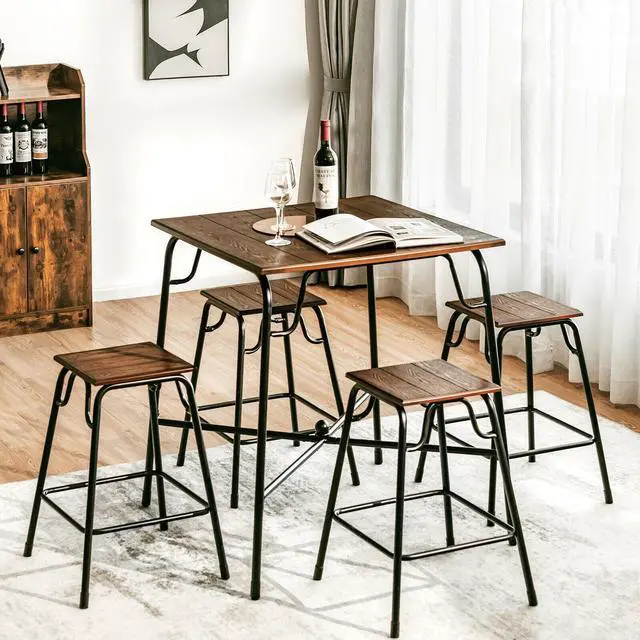 Alt view image 4 of 7 - SlickBlue 5 Pieces Bar Table Set with 4 Counter Height Backless Stools-Rustic Brown